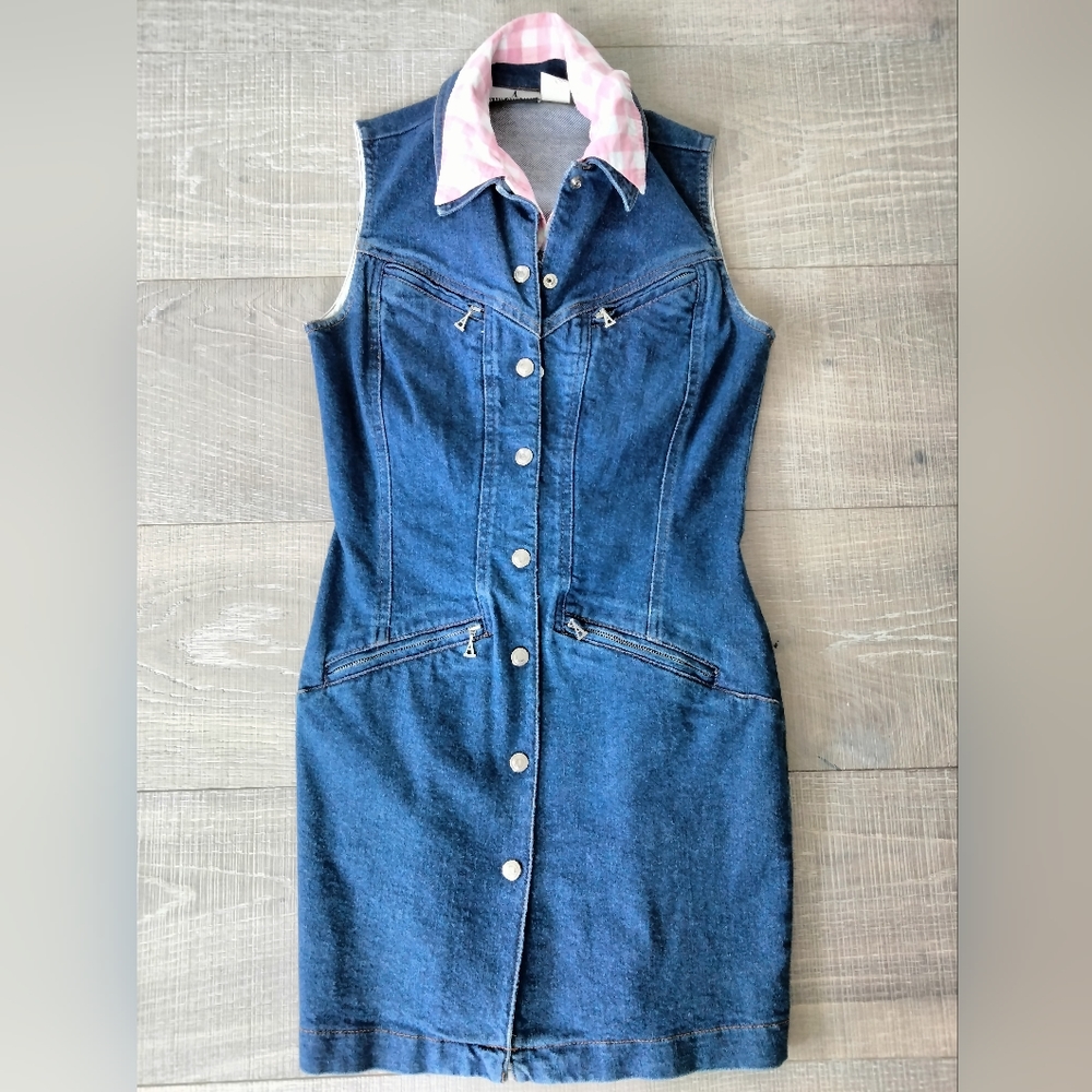 VINTAGE  A-Line by Anne Klein Denim Sleeveless dress with Gingham Halter Top
